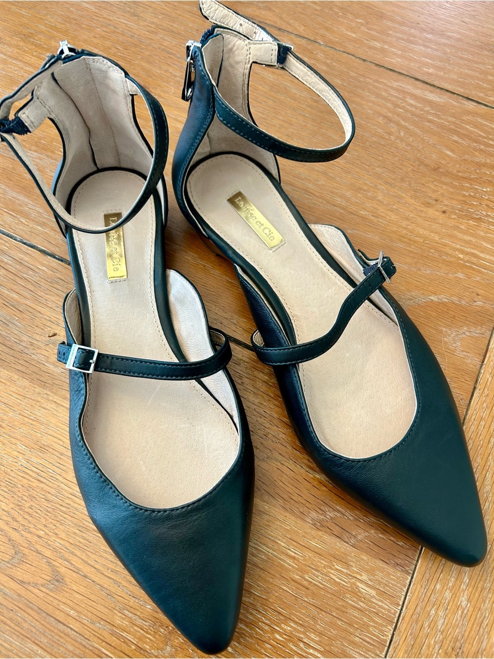 Louise Et Cie Leather Pointed Toe Ankle Strap Zip Back Flats